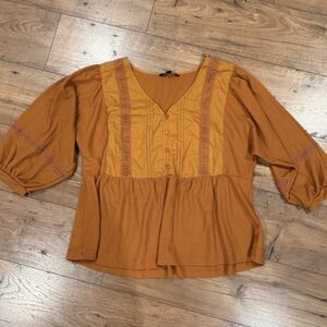 Zac & Rachel Womens V-Neck Button Down Lace‎ Babydoll Blouse Top Mustard Size XL
